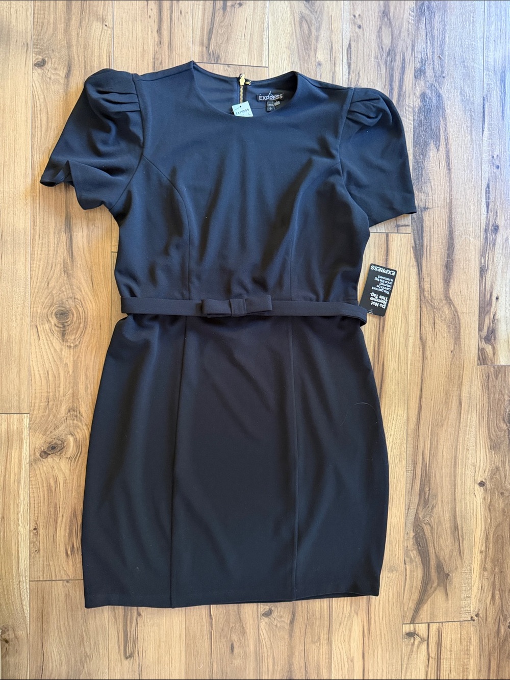 Express Black Puff Sleeve Belted Sheath Dress with Waist Bow